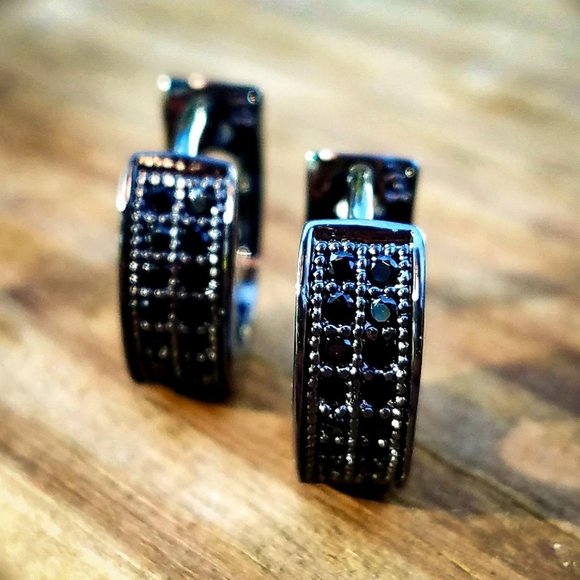 Black Iced Out Hoop Huggie 2 Row Earrings - Picture 2 of 3